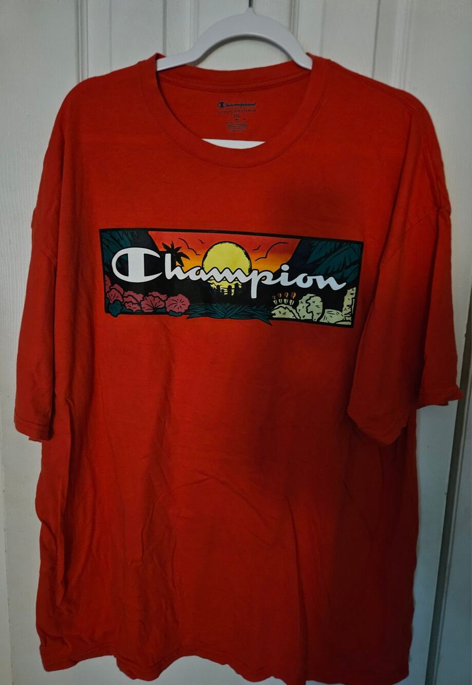 Champion Men’s 2XL Graphic T Shirt Tropical Sunset Palm Trees Red Orange XXL